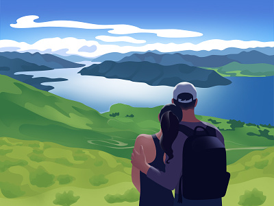 Travelers clouds couple illustration landscape love newzealand picture relationship sky travel trip water