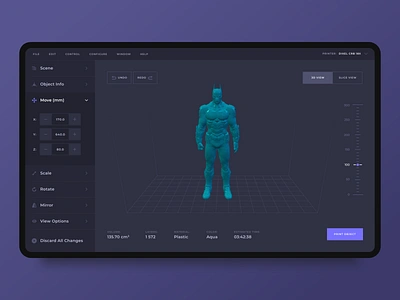 3D Models Printing App 3d 3dmodel 3dmodeling 3dprint app application ciedenwui concept dark design desktop interace printer purple ui ux