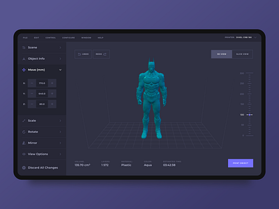 3D Models Printing App 3d 3dmodel 3dmodeling 3dprint app application ciedenwui concept dark design desktop interace printer purple ui ux