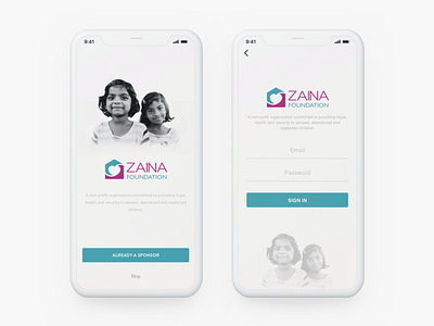 Zaina Foundation App UI | Splash Login app design charity custom design donate foundation helping hands iphone kids login minimal minimalist ngo splash uiux