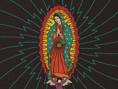 𝕺𝖚𝖗 𝕷𝖆𝖉𝖞 𝖔𝖋 𝕲𝖚𝖆𝖉𝖆𝖑𝖚𝖕𝖊 color distress icon iconography illustration mary praying relief print religious retro texture vintage virgin