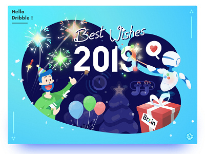 Happy 2019 Dribbble ! 2019 debut design graphic design happy new year hello dribbble human illustration party robot