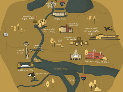 Niagara Falls Regional Map bridge canada falls illustrated illustration land landmark landmarks large format map new york niagara niagara falls procreate river road travel water waterfall yellow