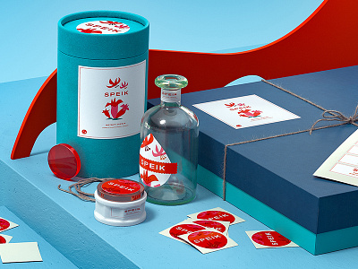 3D stills for a print shop - image 4 3d blue bottle box cream glass plastic red shapes stickers still visualisation