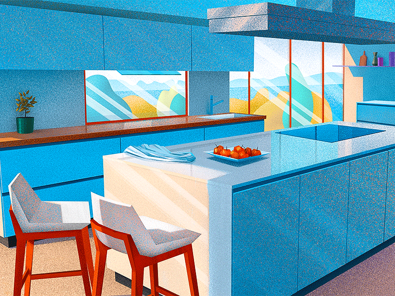 Kitchen interior 2D flat animation 2d after effects animation blue cute flat gif house illustration kitchen light loop