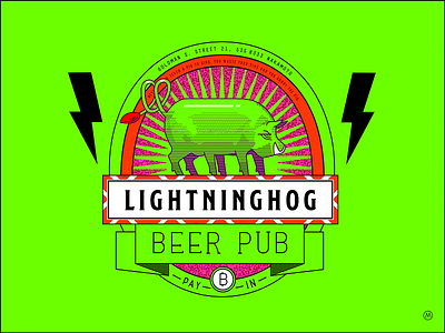 Lightning hog beer pub bitcoin branding identity cryptocurrency farm animal logo design lightning logo mark design neon colors pig retro futurism vintage pub logo design vintage typography