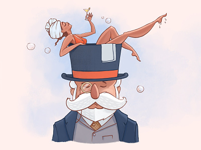 Let them pay! bubbles character design cute character drink guy with beard hat moustache old rich man vintage illustration woman in bath