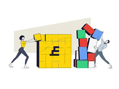 Built From Scratch balance boxes cartoon character design comic couple cubes falling flat illustration lines man poses posture woman yellow