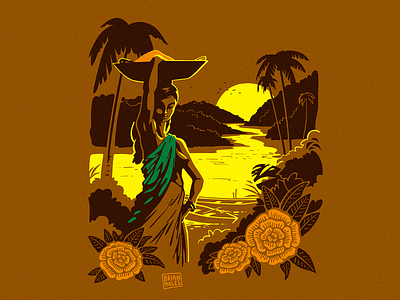 Orient birds boats fauna flowers hills illustrator nude oriental palm tree plants river shapes spice sunset vector woodcut