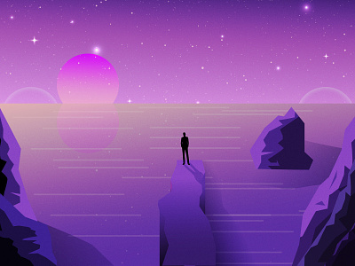 Views alone cliff dark design horizon illustration man night purple sea