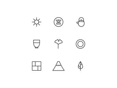 Icons for Miya #1 bento cup fuji ginkgo icon kettle line mountain plate sun volcano