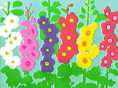 Hollyhocks, for 21 Days of Fresh Flowers colorful digital art floral illustration flowers illustration hollyhock illustration illustration