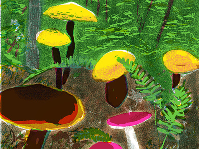 Mushrooms, ferns and forest colorful digital art ferns forest fungi illustration mushrooms