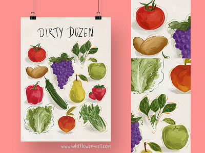 Dirty Dozen Food Poster dirty dozen eat fresh food art fruits healthy living illustration kremi petkova wildflowerk