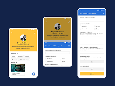 Student Club App design form design material design mobile app mockup overlay profile sketch swipe ui upload