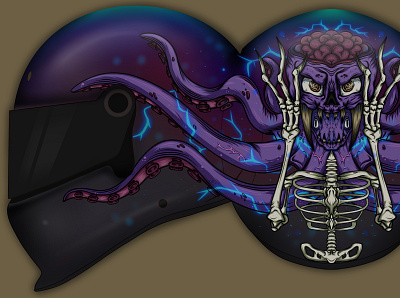 Creepy Octopus Helmet art character creepy dark design different draw graphic head helmet illustration lightning neon racing racing helmet skeleton skull