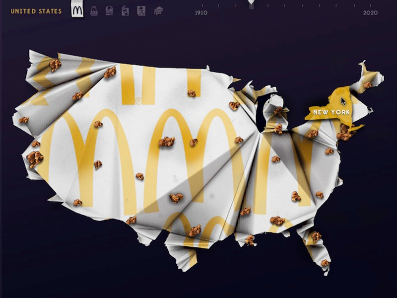 Fast Food Outbreak Interactive Infographic kfc map interactive paper app hamburger usa mcdonalds infographic data visualization fast food dunkin donuts 3d