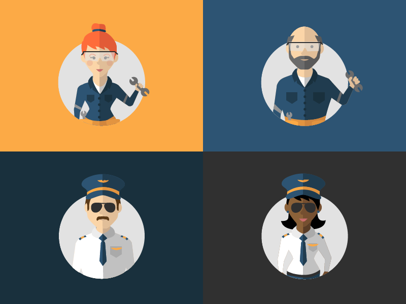 Flight Crew Character Illustrations flat illustration mechanic pilot flight bright color characters