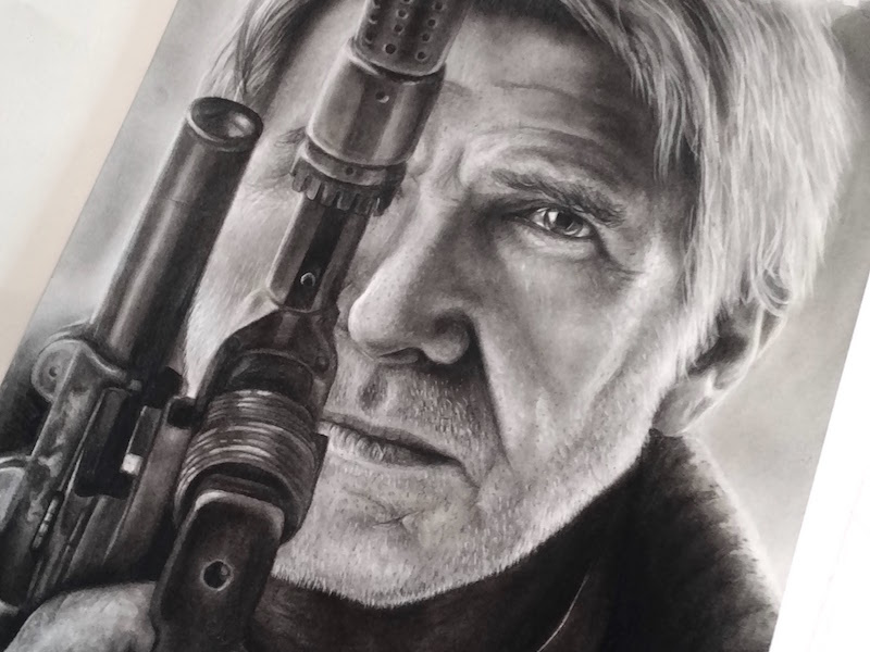 Han Charcoal Portrait harrison ford blaster realism texture drawing portraiture charcoal the force awakens han solo star wars