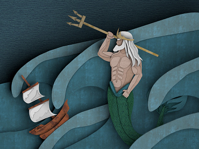 Pandora's Box Illustration (Poseidon) 3d cut paper greek gods mermaid merman mythology paper poseidon ship trident water waves