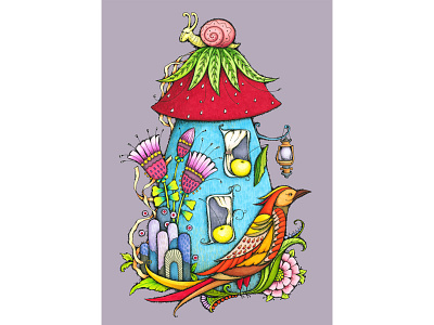 Mushroom artistic bird design graphic house illustration ink markers mushroom