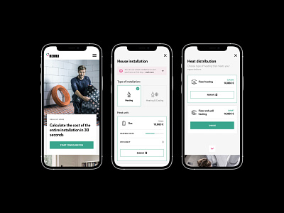 Rehau at Home - Mobile app application black button calculation choose clean configurator green heating mockup options popup responsive rwd step ui ux variants welcome