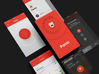 Panic App android app application big button black button design icon ios menu menu card panic button red scrrens shadow share simple ui ux