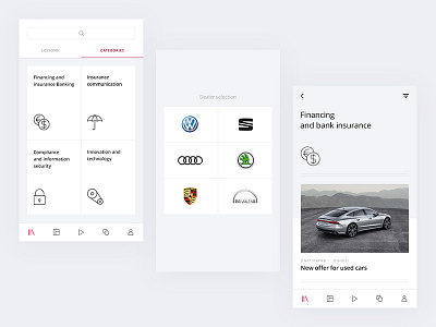 VWB - Screens audi car categories courses employee engagement employees human resources icons management app management system mobile phone pwa seat select tab training app ui ui ux videos