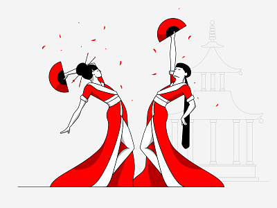 Japan art direction digital painting drawing fan geisha illustration japan kimono pagoda red