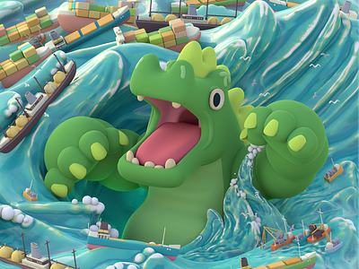 Godzilla Has Been Awaken! 3d artwork blender characters color design godzilla gojira illustration kidlit kids sea