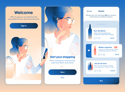 Wine App Concept Screens alcohol app app design app ui bucket cart character flat illustration onboard onboarding onboarding screen onboarding screens screen ui uiux ux wine winery woman