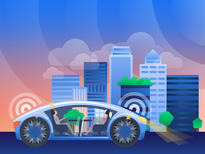 Future of cars ai artificial automotive car design future futuristic gradient illustration intelligence skycrapers