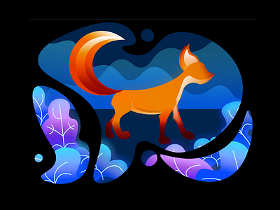 Fox animal bush flat forest fox glow glowing gradient illustration mistique