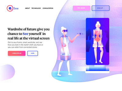 Wardrobe artificial character concept flat futuristic girl illustration intelligence landing page web design website woman