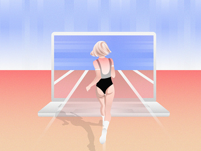Run back character computer design flat future futuristic girl grain illustration laptop motion run running vector woman
