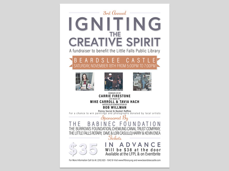 Igniting the Creative Spirit v.3 event flyer event marketing advertisment graphic design library autumn fall banner poster flyer fundraiser
