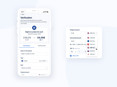 Expense - Multi-currency currency currency converter expense flags interface mobile ocr payfit responsive ui design ux verification