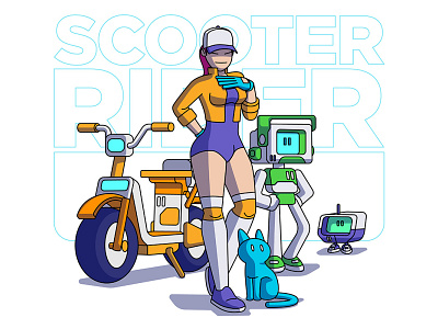 SCOOTER RIDER 2d adobe illustrator cat color cute cyberpunk design illustration scooter vector xhyle