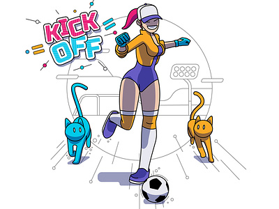 KICK OFF 2d adobe illustrator cats cyberpunk design football illustration redhair running vector xhyle
