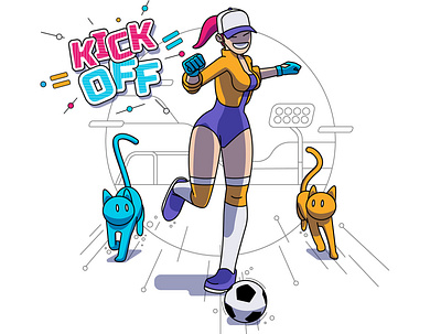 KICK OFF 2d adobe illustrator cats cyberpunk design football illustration redhair running vector xhyle