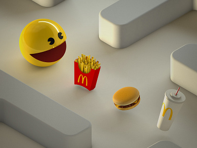 Pac Man 3d cinema 4d french fries hamburger happymeal mcdonalds pac man photoshop videogame