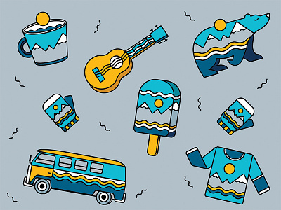 Sticker collection bear bus cup guitar journey mittens moon mountains pullover wave