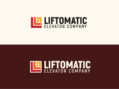 Liftomatic Elevator Company Full Logo 60 70 brand branding geometric logo maroon orange red retro throwback yellow