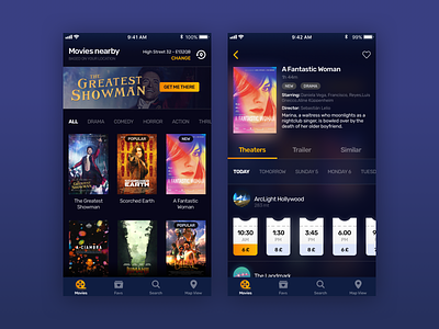 Movies Around Me app challenge cinema clean dark design interface movies poster product purchase showtime test theater ticket ui ux