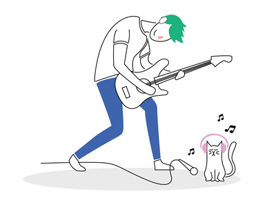 Rock'n'Roll and boy cat dance green guitar hair listen music pink rock roll