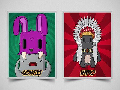 The Mostros | Digital Trading Cards for Figgu character draw feathers gradient illustration indio native rabbit vector