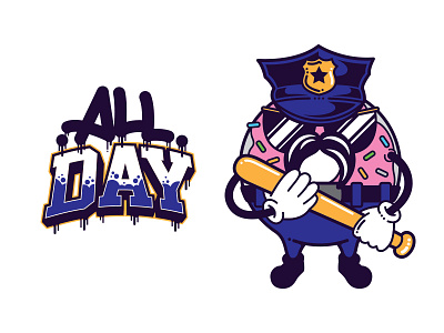 Officer Donut - All Day cap character cop donut draw food glasses rayban vector