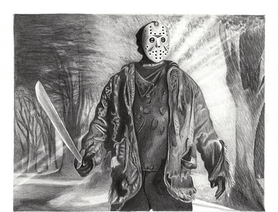Ch ch ch Ah Ah Ah drawing film friday the 13th graphite horror illustration jason pencil portrait scary movies slasher traditional media voorhees
