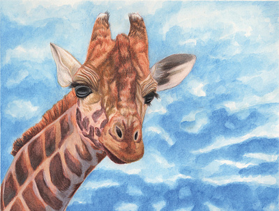 Head in the Clouds animal blue sky clouds colored pencil giraffe illustration optimism portrait traditional media watercolor watercolor pencil wildlife