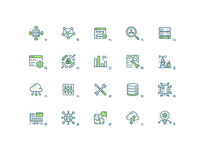Technical icons set with miniatures art cloud database icon iot network outline puzzle server set tools vector